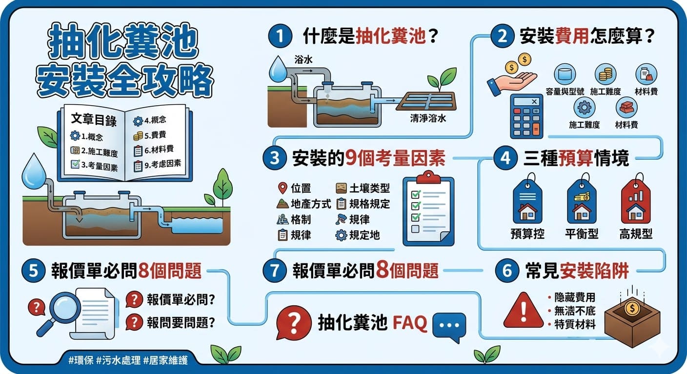 了解 抽化糞池 的基本概念與安裝費用，這篇文章將為您提供詳細的報價拆解與考量因素。無論是選擇預算型、平衡型或高規型的 抽化糞池，我們都會分析各種選擇的成本與效益，並提醒您在詢價過程中應該問的問題。了解這些資訊，將幫助您做出更明智的選擇，確保選擇最適合您需求的抽化糞池系統。